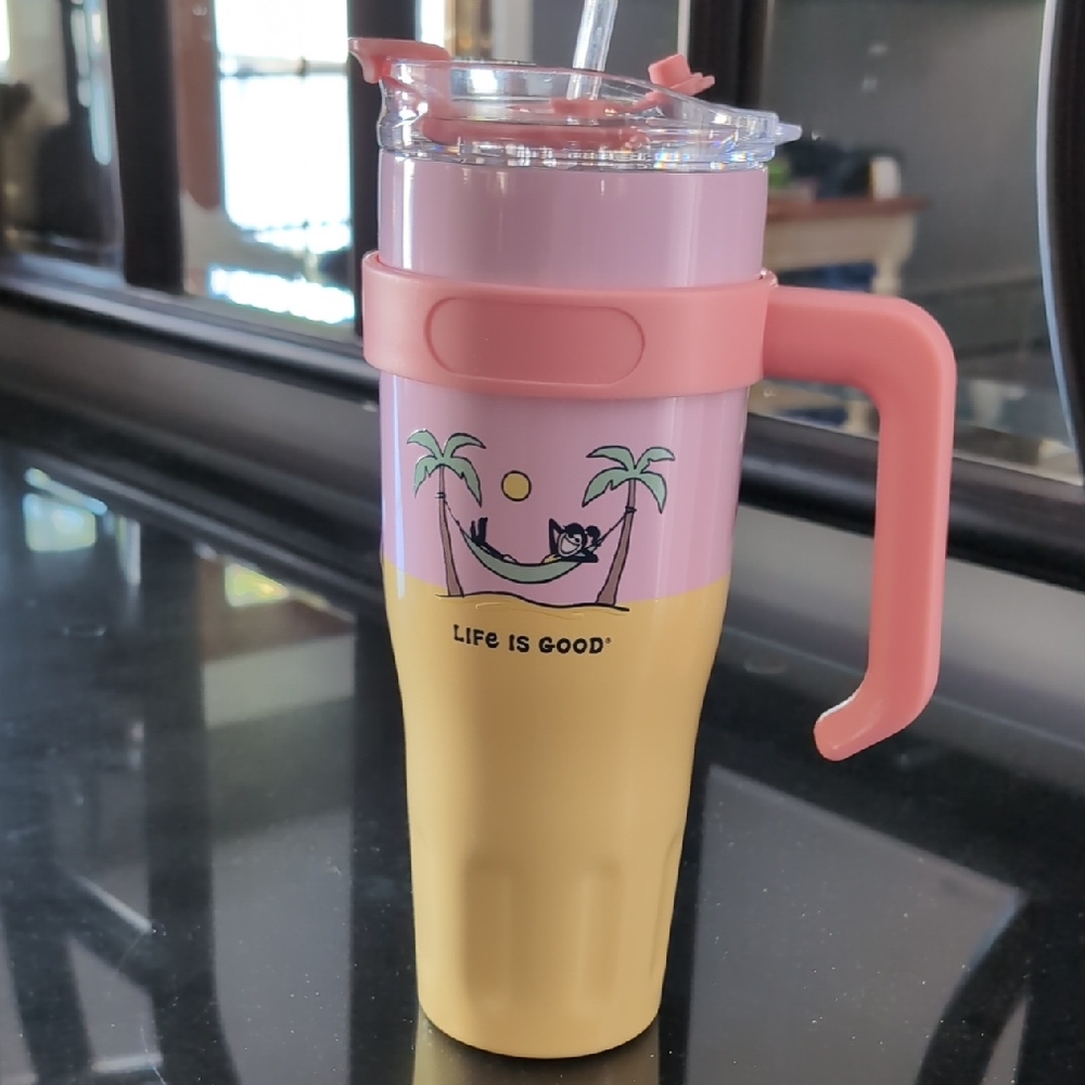 Life Is Good Pink and Yellow Tumbler with Handle
